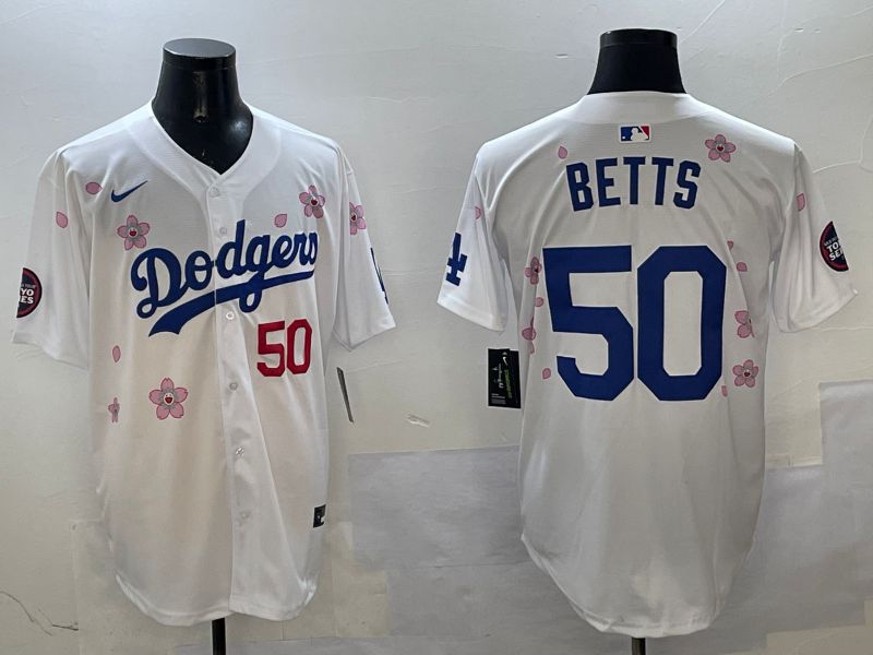 Men Los Angeles Dodgers #50 Betts White Sakura Edition 2025 Nike MLB Jersey style 8